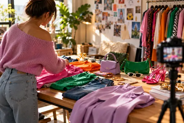 Farbenfrohe Modestücke für das Styling-Shooting eines Creators ausgelegt.
