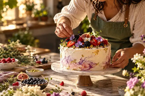 Ein Food-Creator arrangiert ein farbenfrohes Dessert für eine Nahaufnahme.