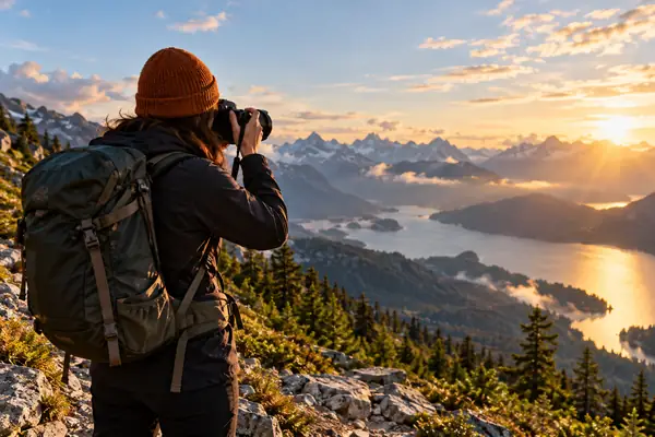 Ein Outdoor-Creator fotografiert eine Landschaft auf einem sonnigen Bergpfad.