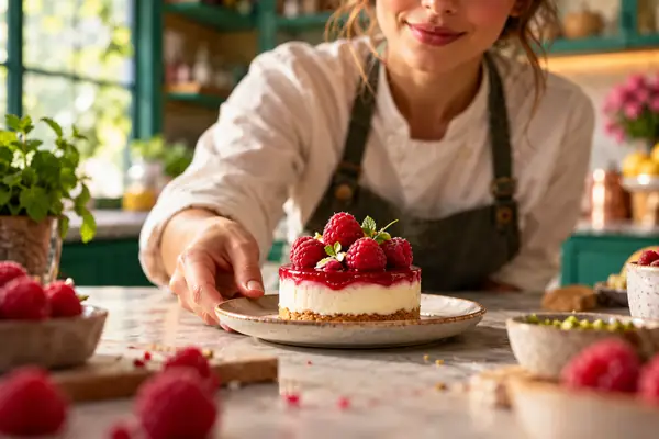 Redaktionelle Nahaufnahme eines Bäckers, der in einer farbenfrohen Küche ein kleines Dessert mit Himbeeren präsentiert.
