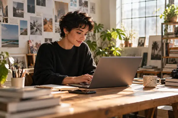 Kreativschaffende Person mit kurzem dunklem Haarschnitt arbeitet in einem sonnendurchfluteten Studio an einem Laptop, spontane redaktionelle Fotografie.