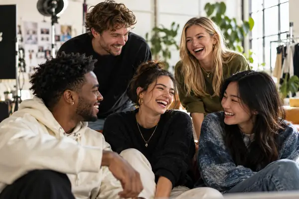 Eine eng verbundene Gruppe junger Creator unterschiedlicher Herkunft lacht gemeinsam in einem hellen Studio, freundliche und spontane redaktionelle Fotografie.
