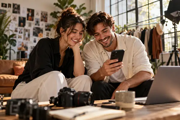 Zwei gut gelaunte Creator schauen nach einem gemeinsamen Shooting auf ein Smartphone, warme, spontane redaktionelle Fotografie.