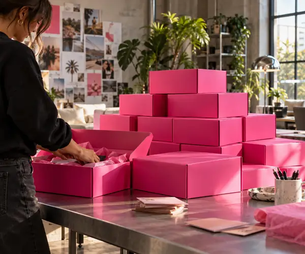 Stapel leuchtend pinker Produktboxen, bereit für eine Creator-Gifting-Kampagne in einem modernen Studio.