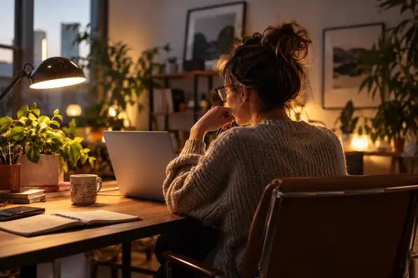 Kreativmarketer liest an einem Laptop unter einer warm leuchtenden Schreibtischlampe in einem gemütlichen, modernen Arbeitsbereich.