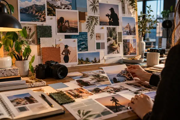 Farbenfrohes Moodboard für eine Creator-Kampagne und Produktfotos, auf einem Studioschreibtisch arrangiert.