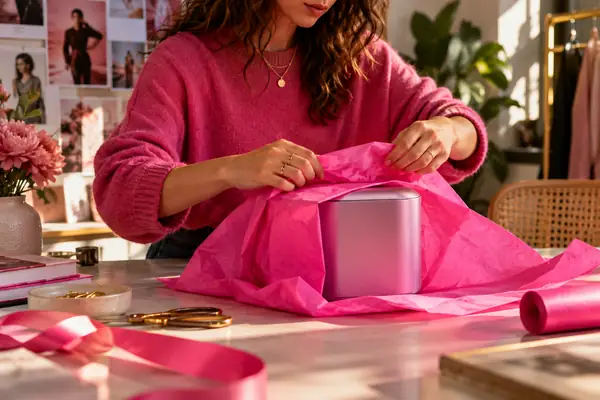 Creator verpackt an einem Studiotisch sorgfältig ein Modegeschenk in leuchtend pinkes Seidenpapier.
