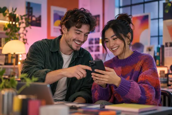 Zwei Projektpartner lächeln, während sie in einem farbenfrohen Studio ihr Projekt auf einem Smartphone ansehen.